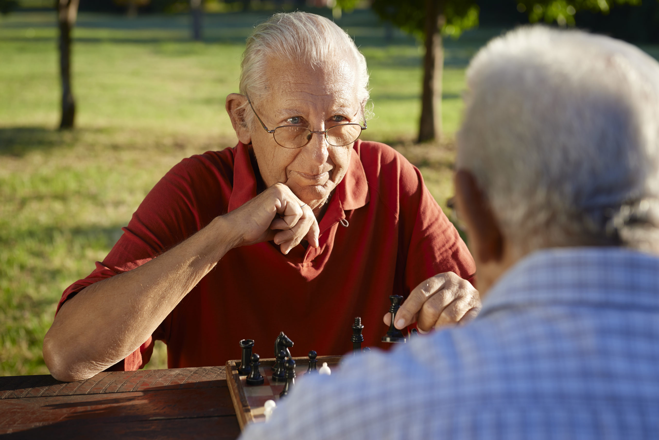 senior playing chess in the park