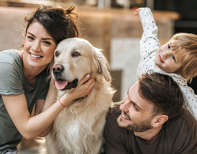 Colorado LASIK eye surgery patient smiling with family and dog